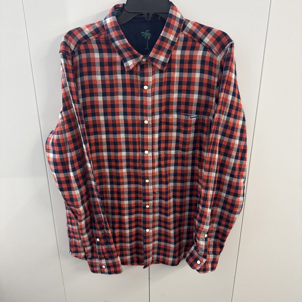 Chubbies Shirt Mens Large Blue Red Flannel Reversible Flamingo Palm Tree Snap Up